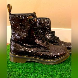 Dr. Martens Silver and Black Sequin Boots